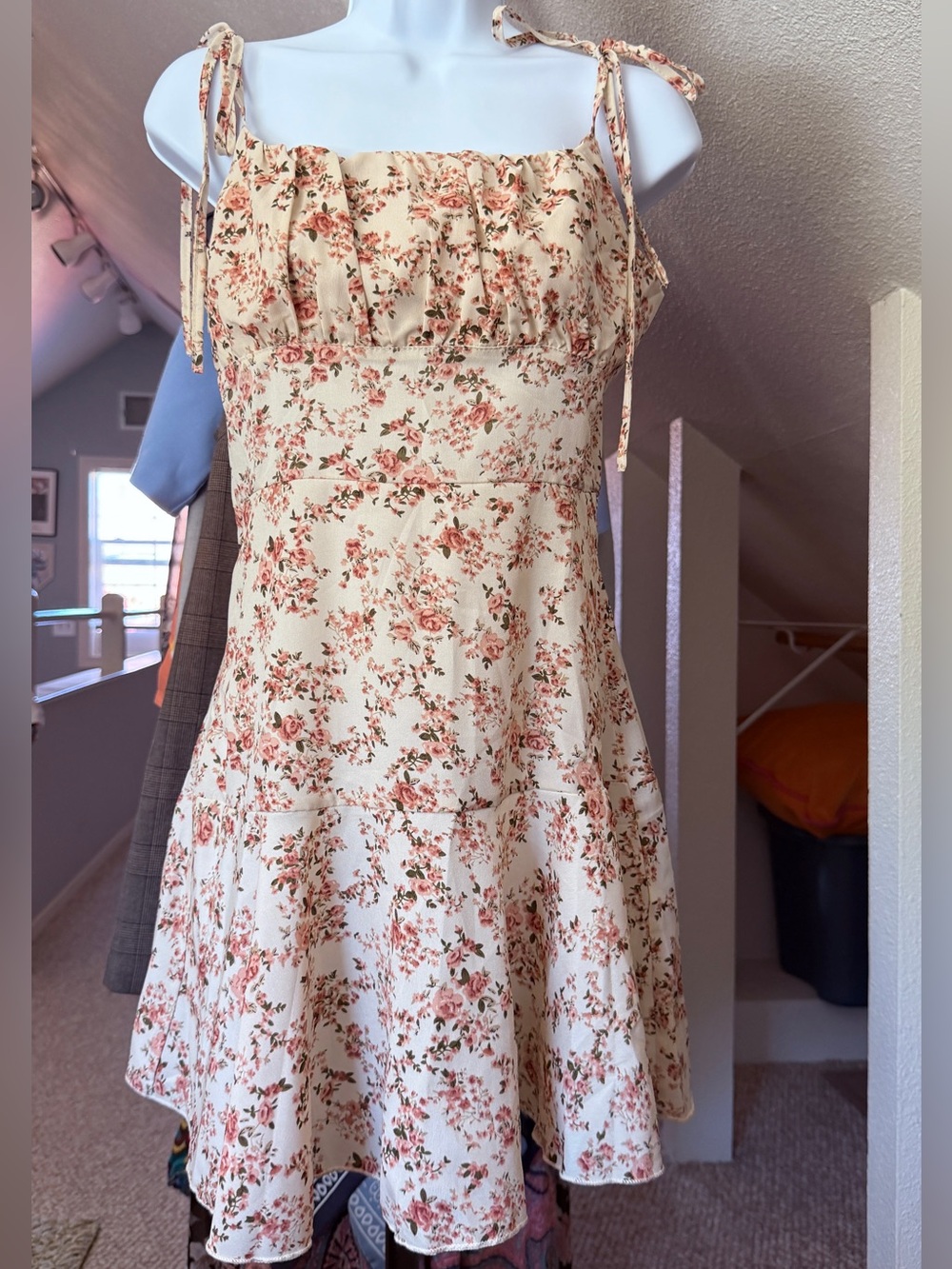 Floral Tie-Shoulder Sundress in Cream and Rose